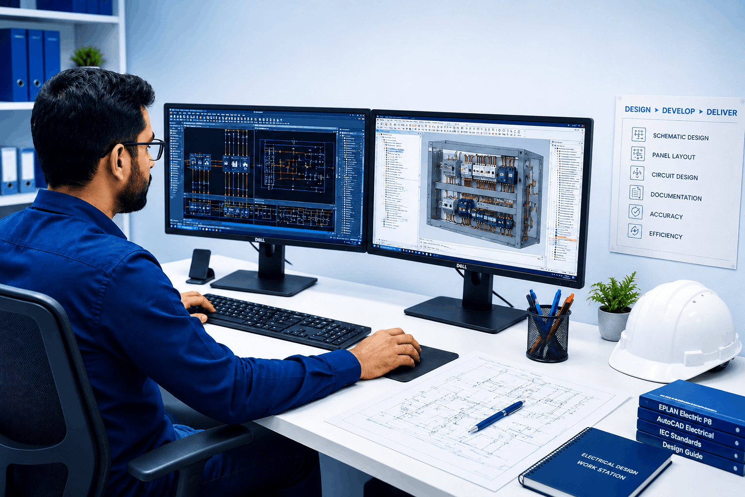 FILIPDM engineer working with CAD software at an electrical design workstation